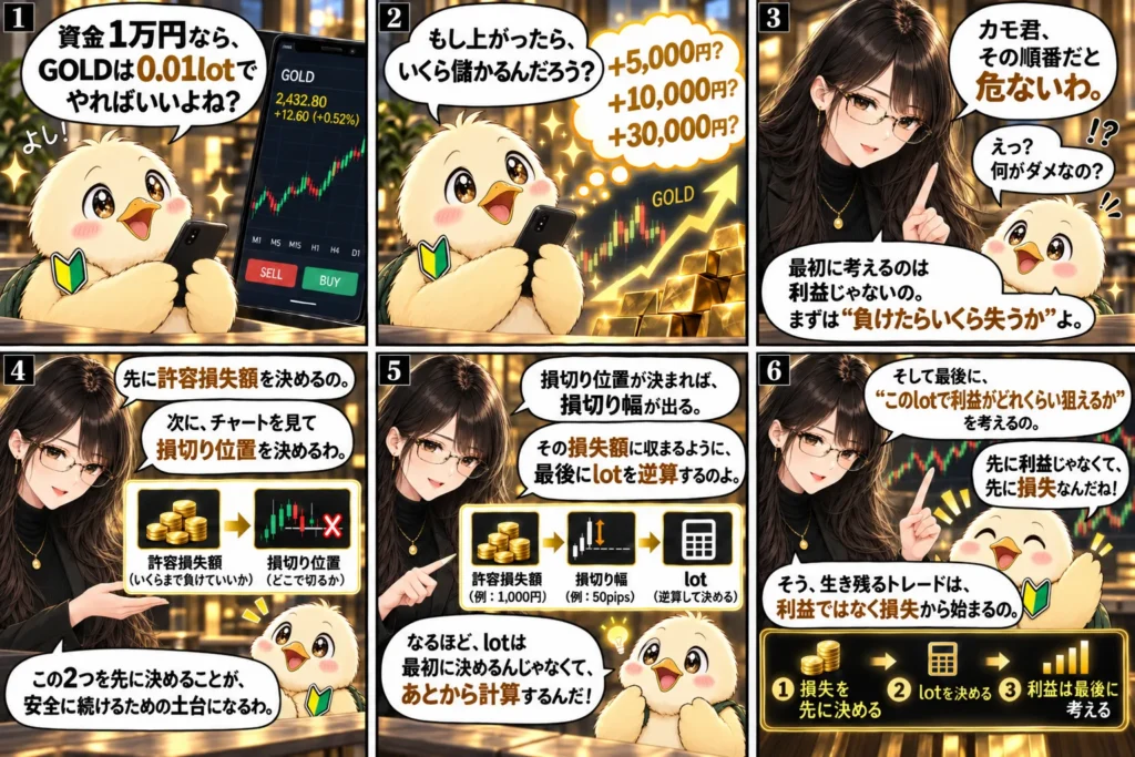 1万円でGOLDを取引するときに、損失額と損切り幅からlotを決め、利益は最後に考える流れを解説した6コマ漫画