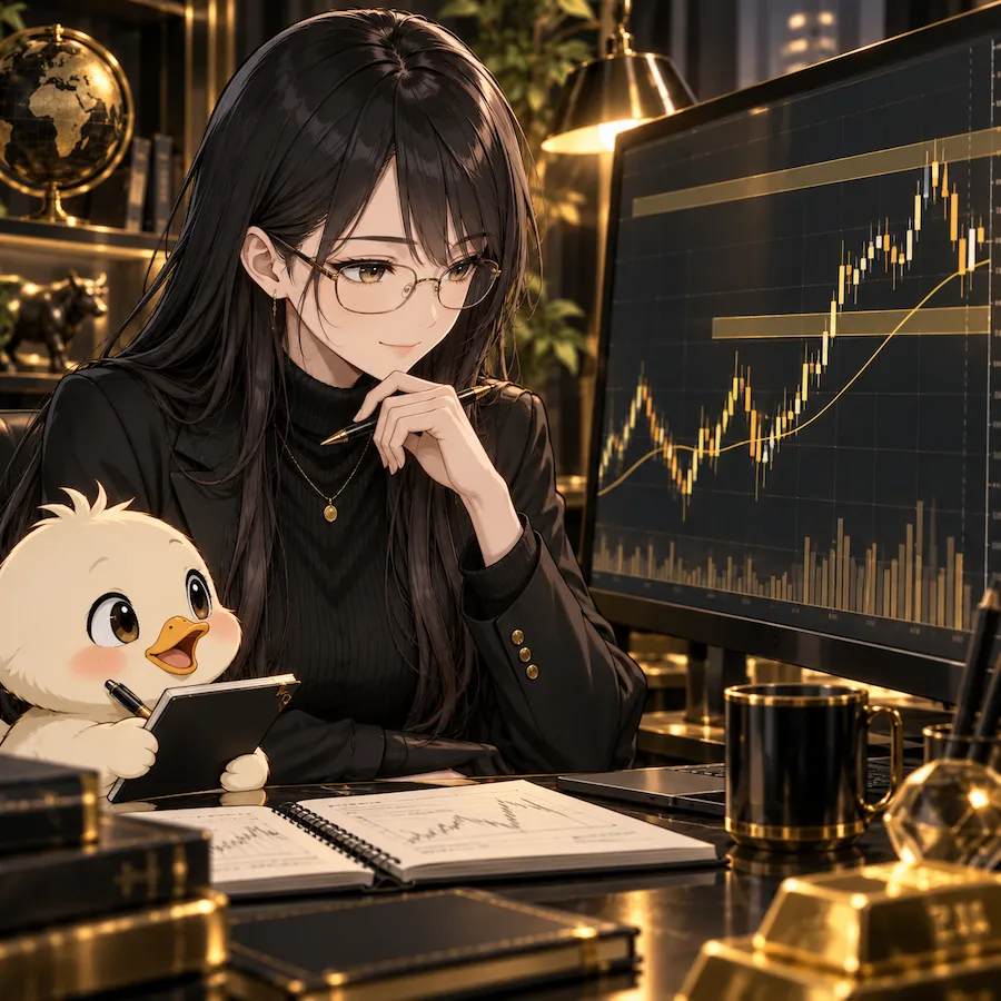 凛とカモ君が実際のGOLDチャートを確認する実戦分析イメージ