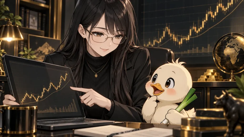 凛とカモ君が漫画でGOLDやFXを解説するイメージ