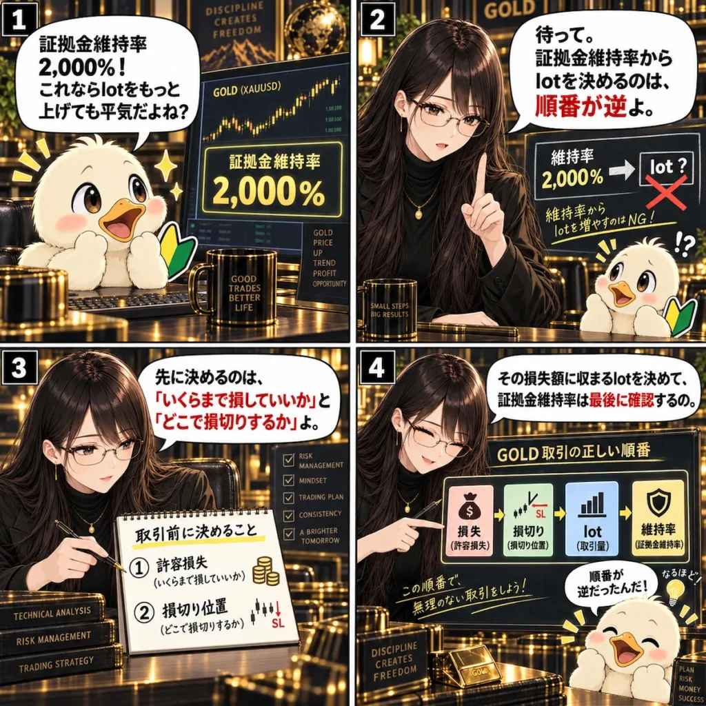 GOLD取引で証拠金維持率だけを基準にlotを決めず、許容損失・損切り・lot・維持率の順で考える基本を解説した図解
