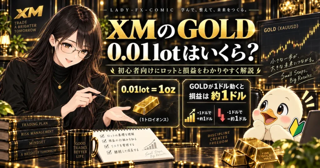 XMのGOLD取引で0.01lotは1オンスに相当し、価格が1ドル動くと損益は約1ドルになることを示した図解