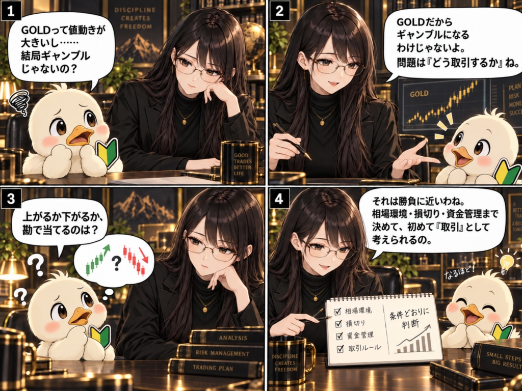 GOLD取引では相場全体の方向を見て、反応しやすい価格帯まで待ち、反応を確認してから判断する流れを解説した図解画像