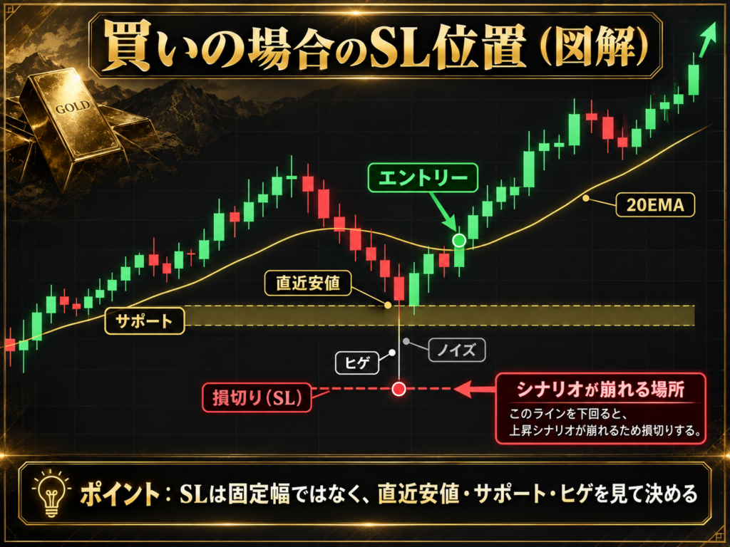 GOLDの買いエントリーにおける損切りSLの位置を、20EMA・直近安値・サポート・ヒゲを使って示した図解