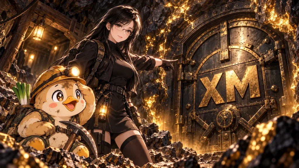 凛とカモ君が地下の黄金鉱脈でXMと書かれた重厚な扉を見つけ、XMTradingの口座開設へ進もうとしているイメージ画像