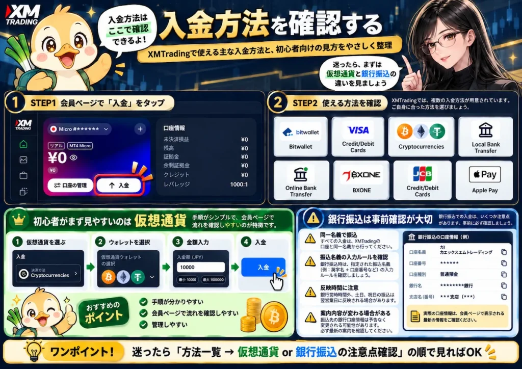 XMTradingで利用できる複数の入金方法を凛とカモ君が初心者向けに解説している画像