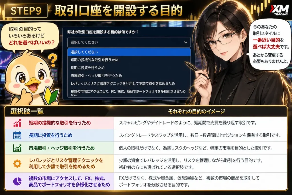 XMTradingの口座開設手順で表示される「取引口座を開設する目的」の選択画面と、各選択肢の意味を初心者向けにまとめた解説画像