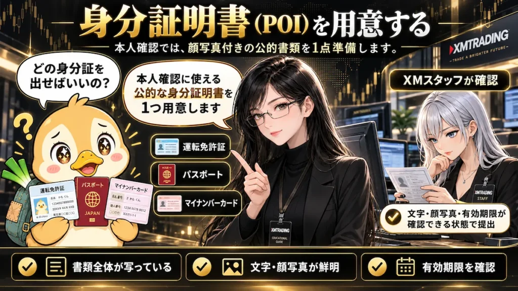 本人確認書類の準備をテーマに、デスクで作業するXMスタッフのイラストと、案内役キャラクターを組み合わせた初心者向けガイド画像。