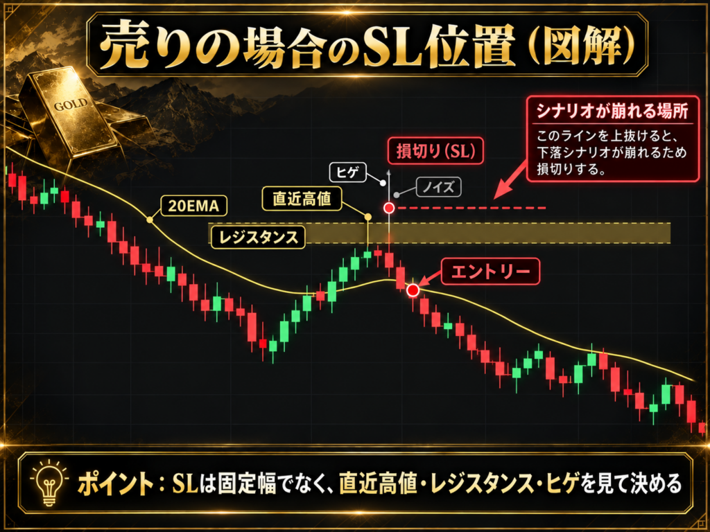 GOLDの売りエントリーにおける損切りSLの位置を、20EMA・直近高値・レジスタンス・ヒゲを使って示した図解